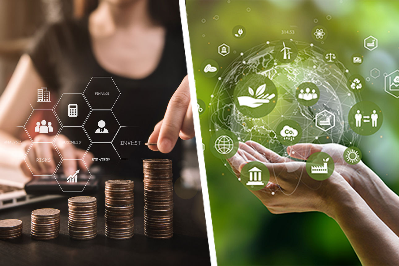 links: Frau die Geldmünzen stapelt; rechts: Hände, Weltkugel, Nachhaltigkeitssymbole