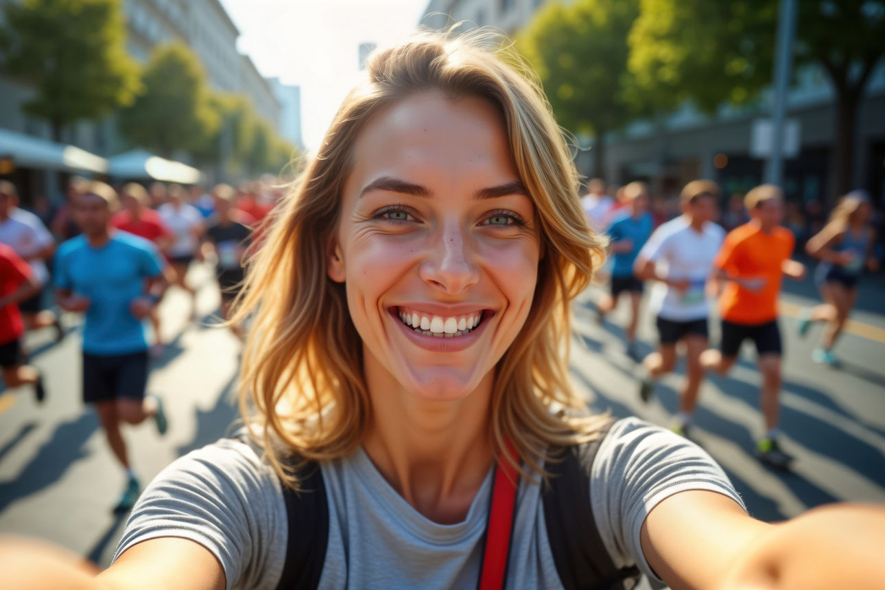 Im Vordergrund eine lachende Frau im Hintergrund Läufer.
