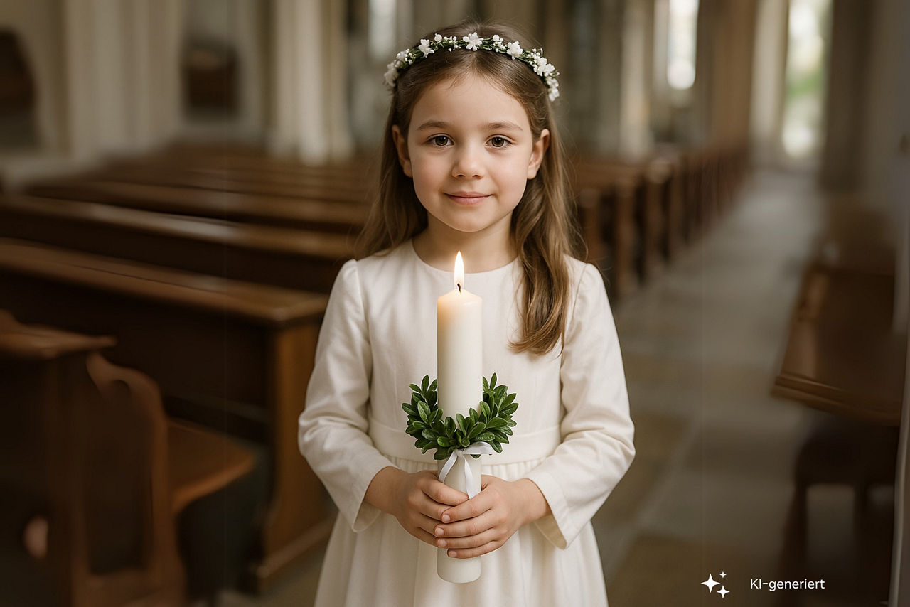 Mädchen im Kommunionkleid mit Kommunionkerze in einer Kirche