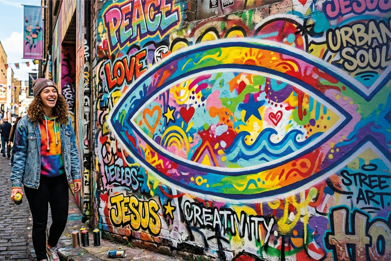 Eine Frau mit einer Spraydose neben einer Wand mit Graffitit und einem Fischmotiv