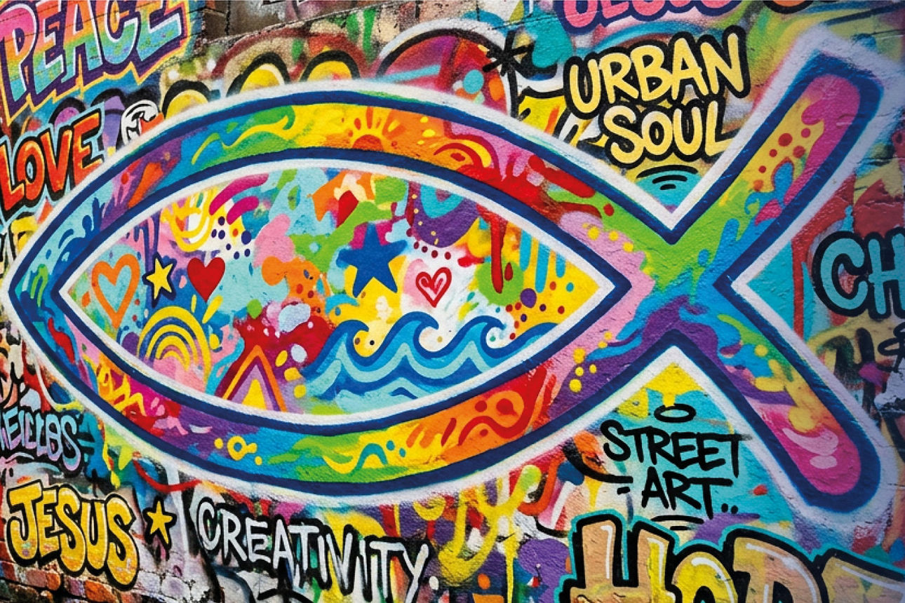 Wand mit Graffitit und einem Fischmotiv