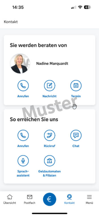 Musterbild der Kontaktlassche in der Banking App