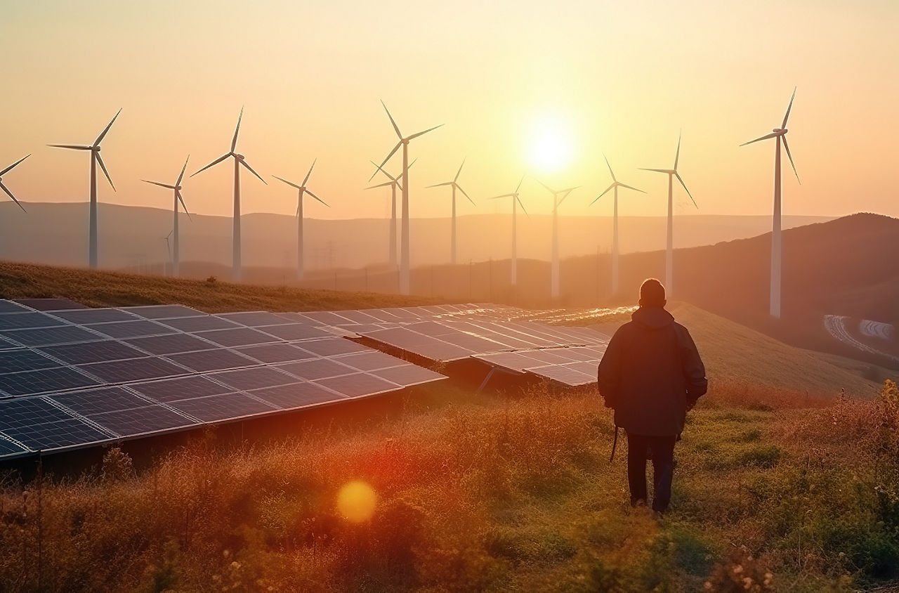 Mann steht vor Photovoltaikanlagen und Windrädern auf einer Wiese im Sonnenuntergang