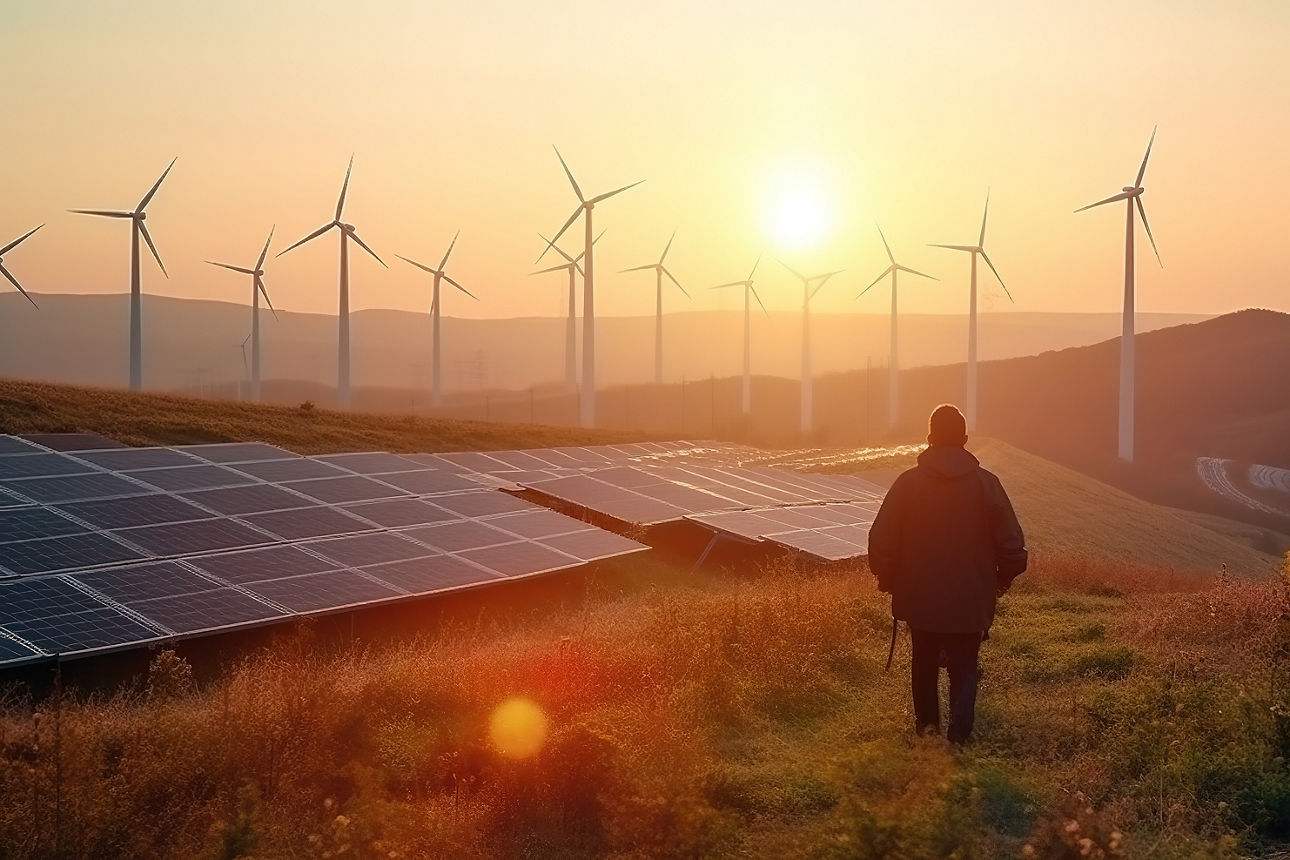 Mann steht vor Photovoltaikanlagen und Windrädern auf einer Wiese im Sonnenuntergang