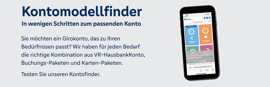 Smartphone mit Kontofinder-App zur Auswahl des passenden Girokontos in wenigen Schritten anhand individueller Bedürfnisse.