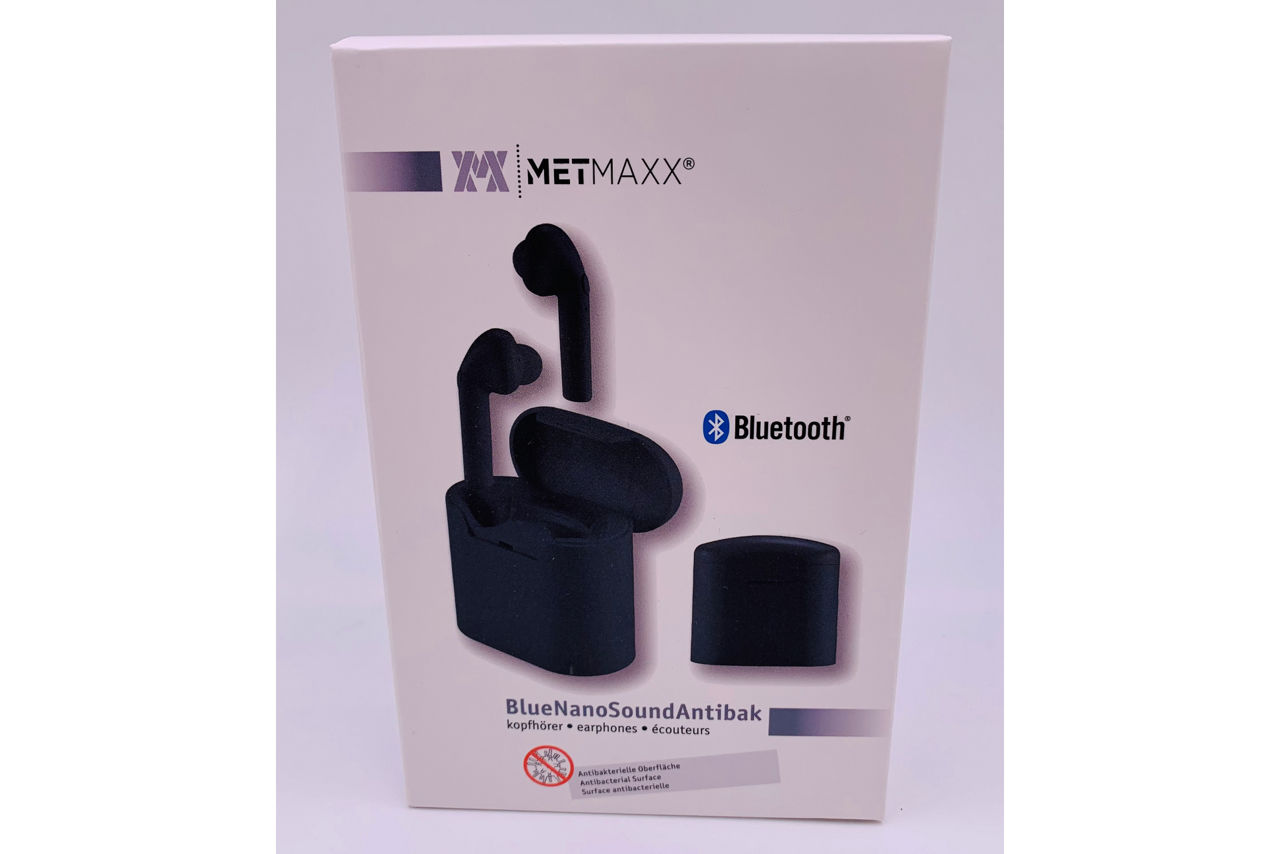 Schwarze, kabellose Hifi-Ohrhörer mit Ladebox