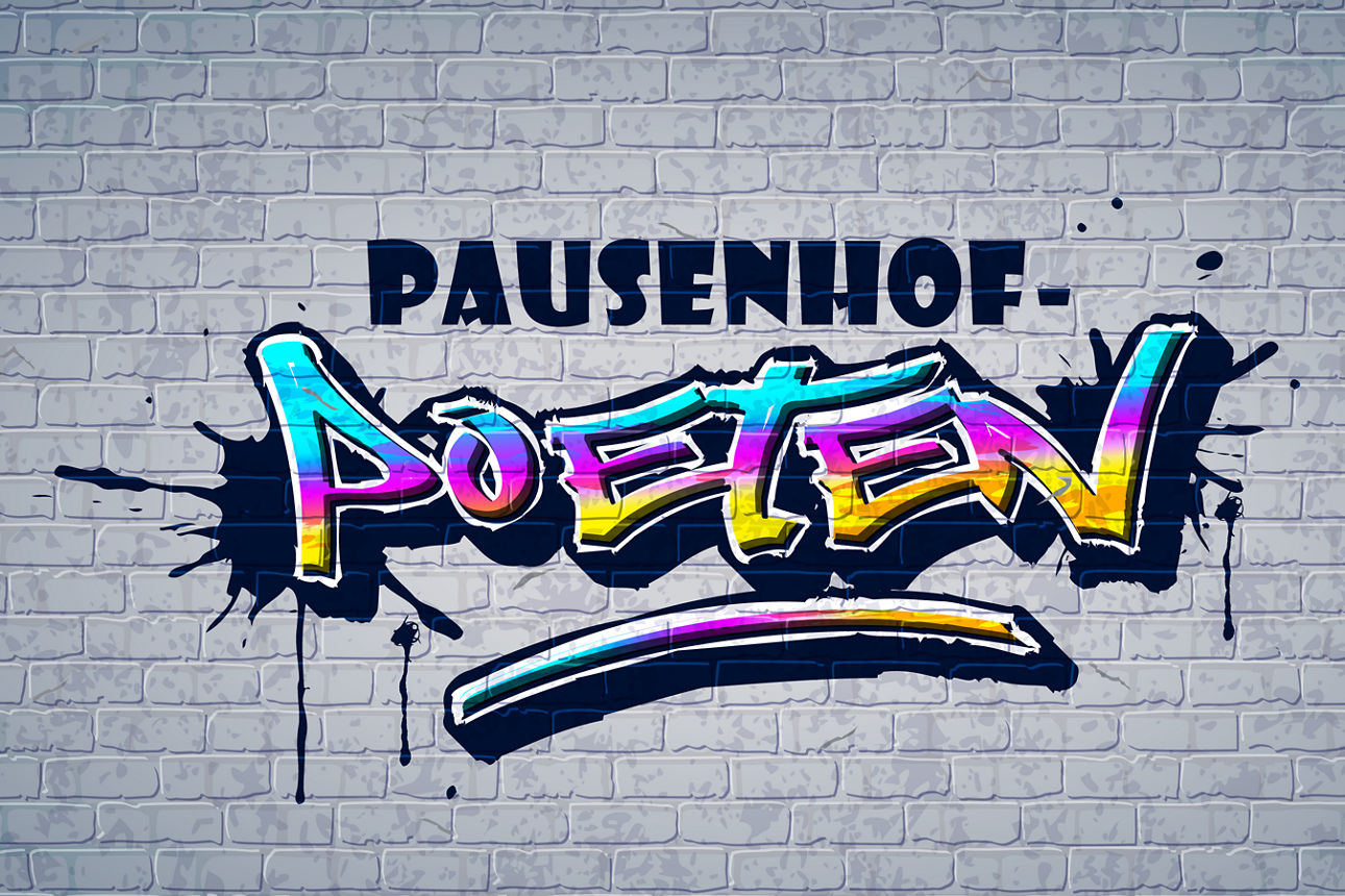 Mauer mit Graffiti-Schriftzug "Pausenhof-Poeten"