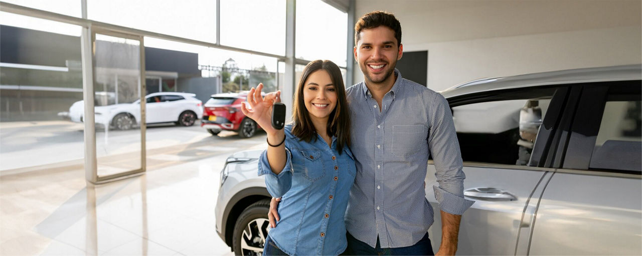 Junges Ehepaar in einem Autohaus bei der Schlüsselübergabe