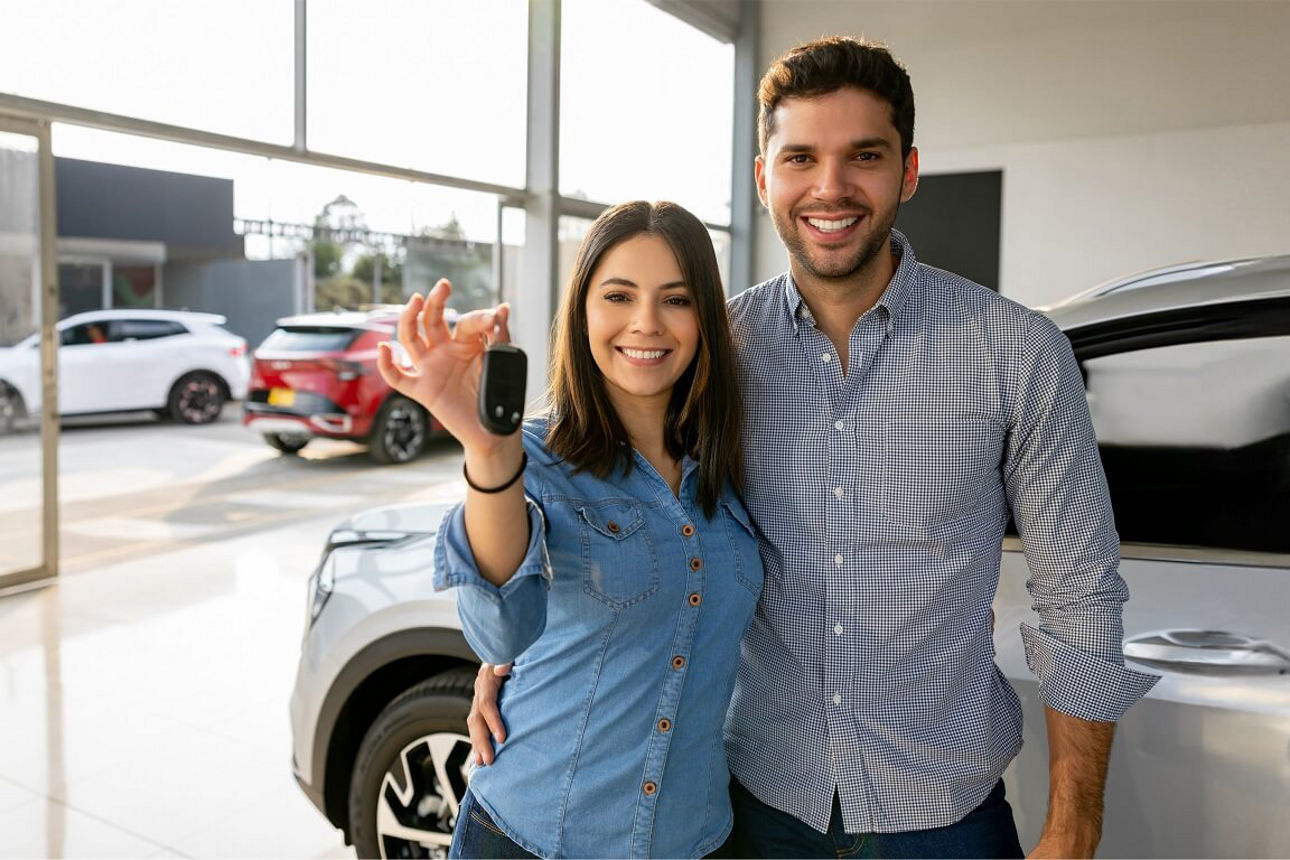 Junges Ehepaar in einem Autohaus bei der Schlüsselübergabe