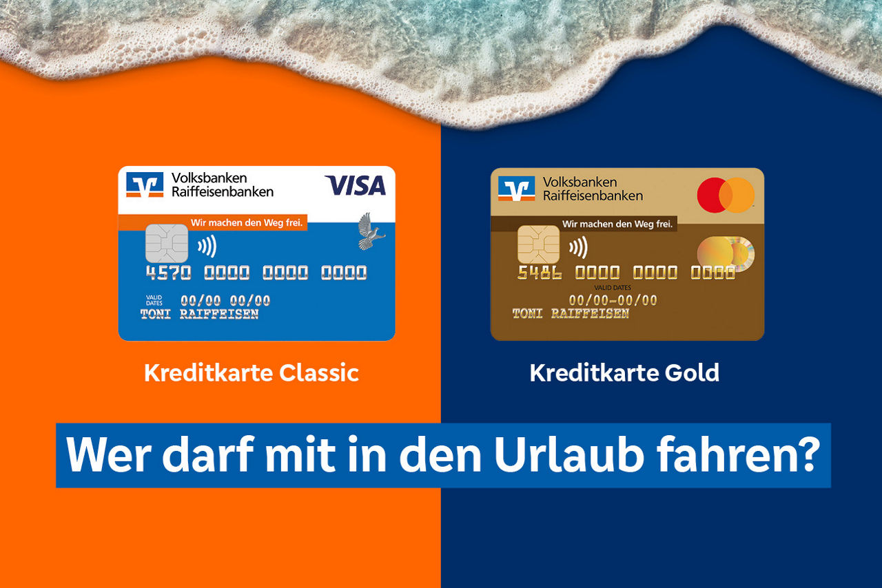 Zwei Abbildungen von Kreditkarten auf orangem und blauem Grund umspült von Wellen.