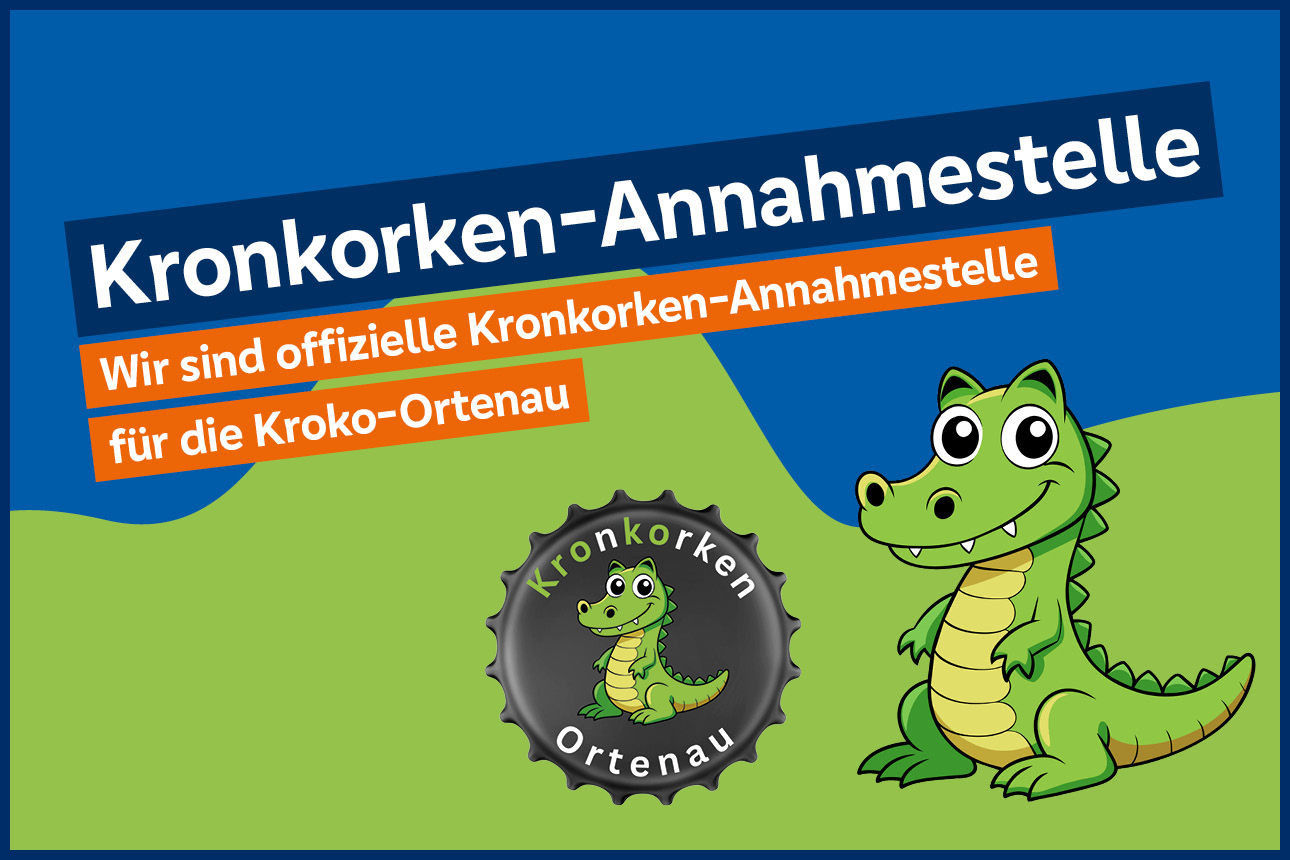 Die Grafik zeigt das Logo der Kronkorkensammlung mit dem Schriftzug Kronkorken-Annahmestelle