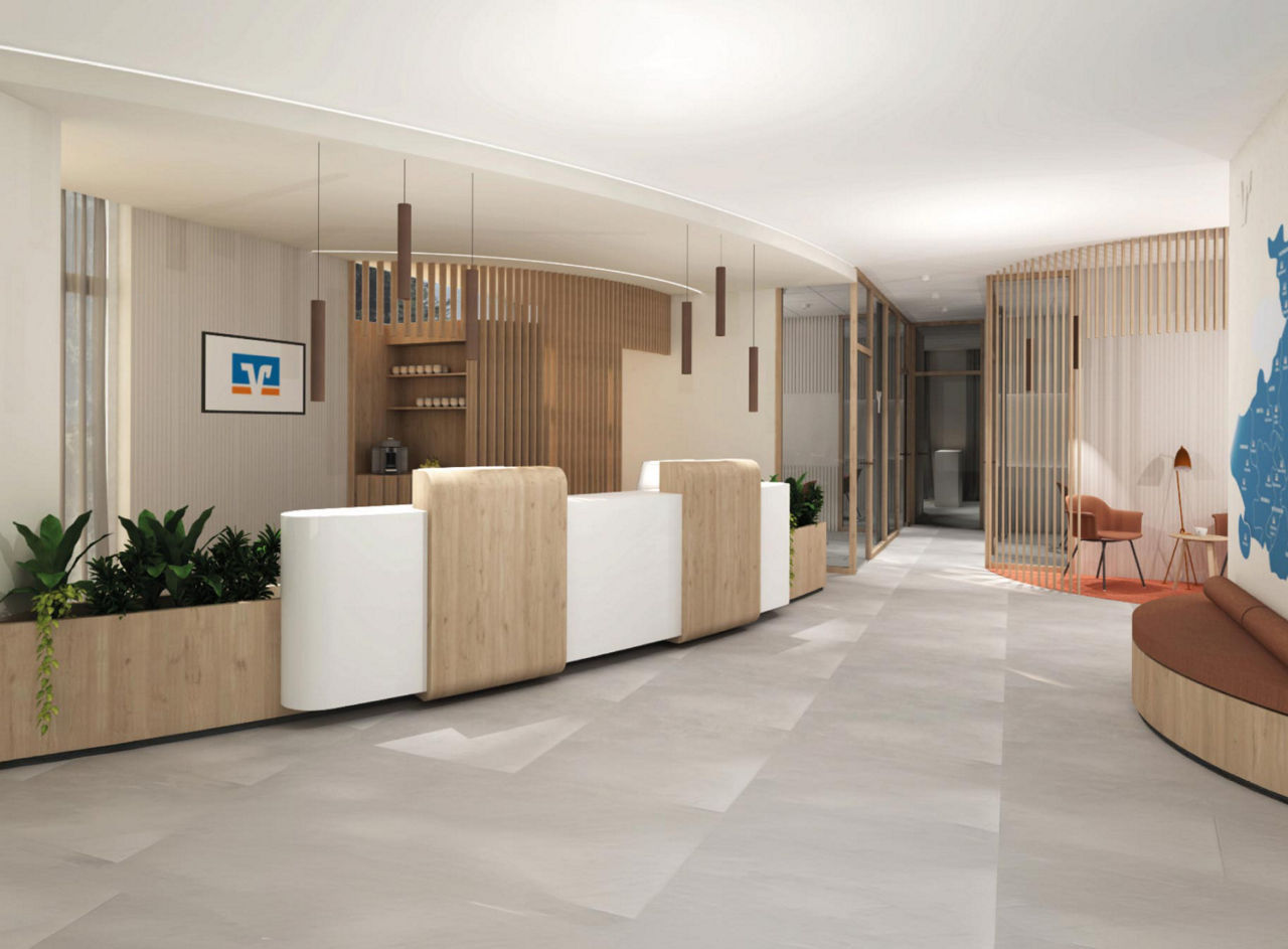 Foto einer Stylisch eingerichteten Eingangshalle einer Volksbank Reiffeisenbank