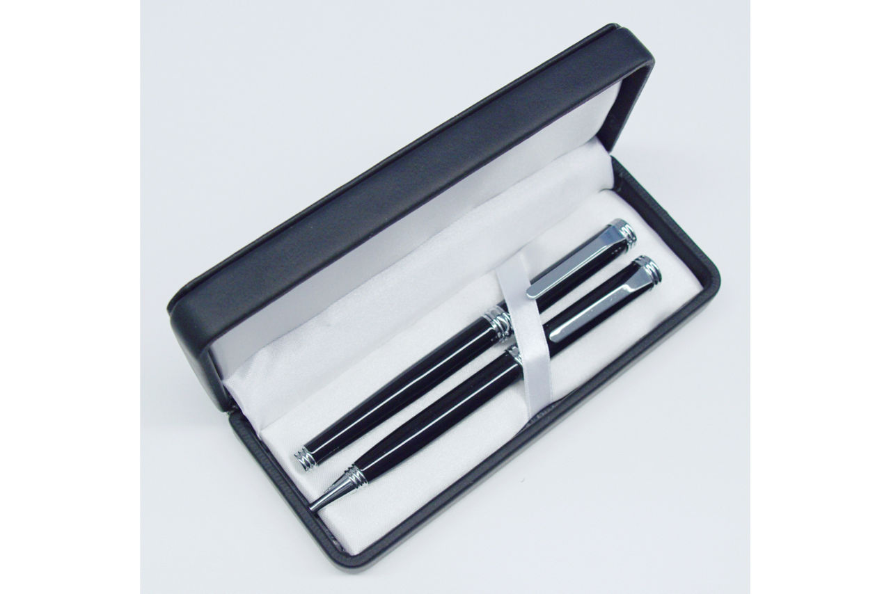 Elegantes Kugelschreiber- und Roller-Set in schwarz und Aufbewahrungsbox