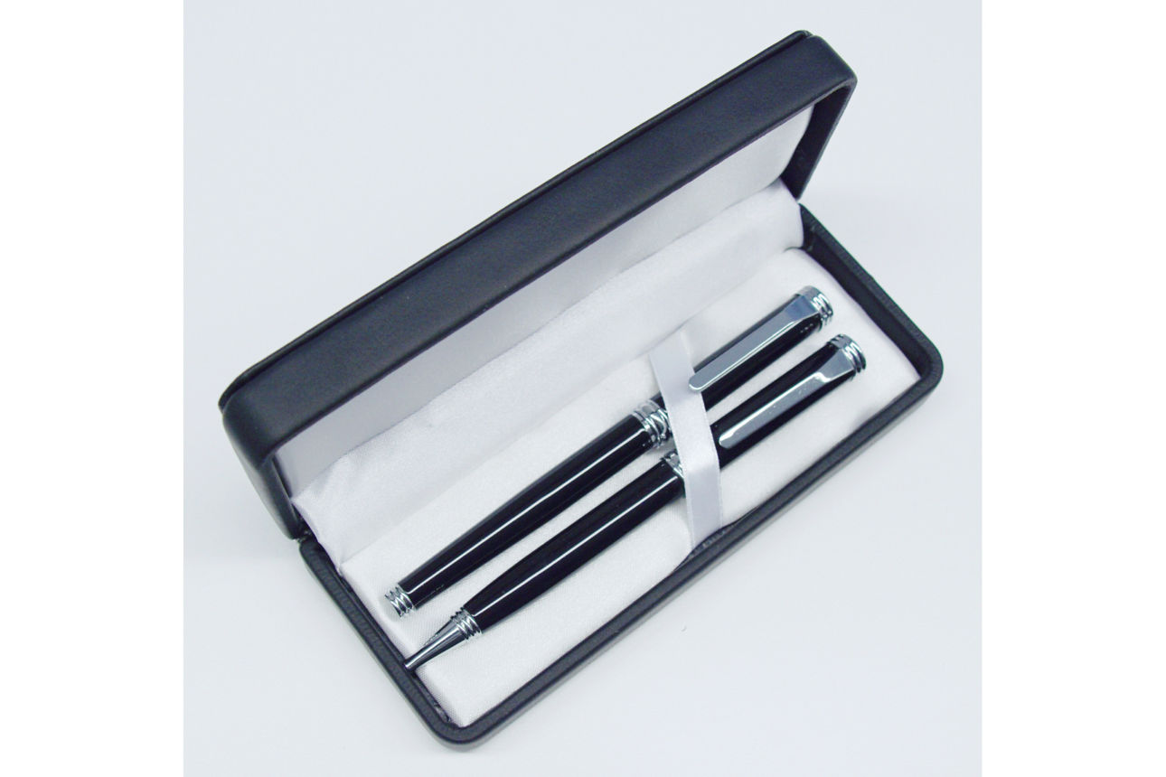 Elegantes Kugelschreiber- und Roller-Set in schwarz und Aufbewahrungsbox