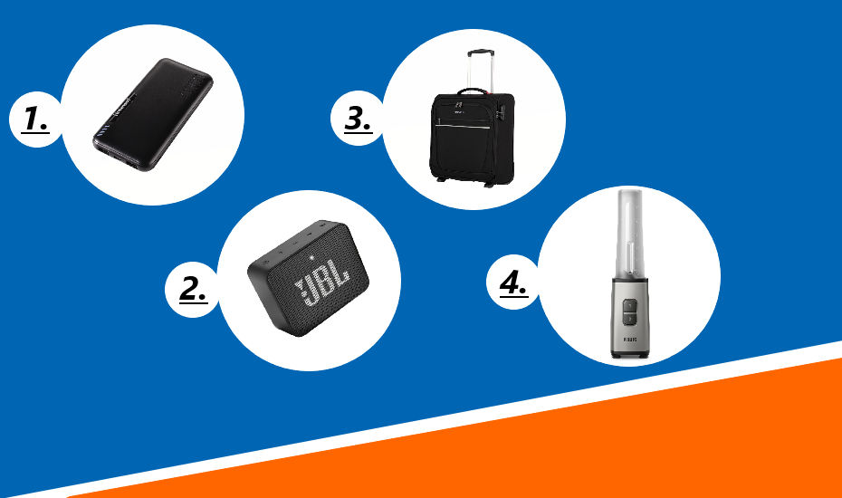Geschenke der Aktion Kunden werben Kunden ( Intenso Powerbank, JBL Lautsprecher, Travelite Trolley, Phillips Smoothiemaker )