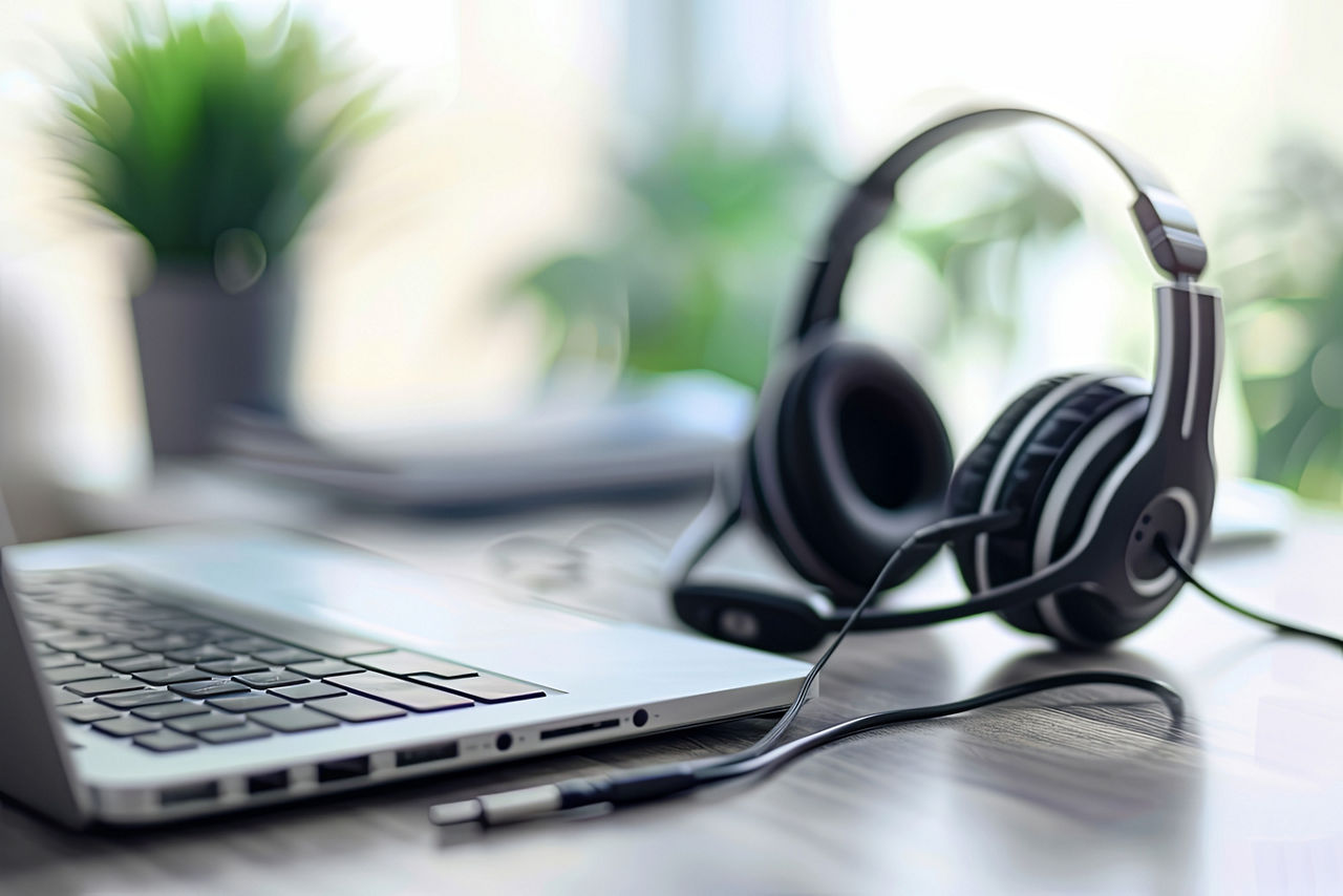 Ein Laptop und ein Headset liegen auf dem Tisch 