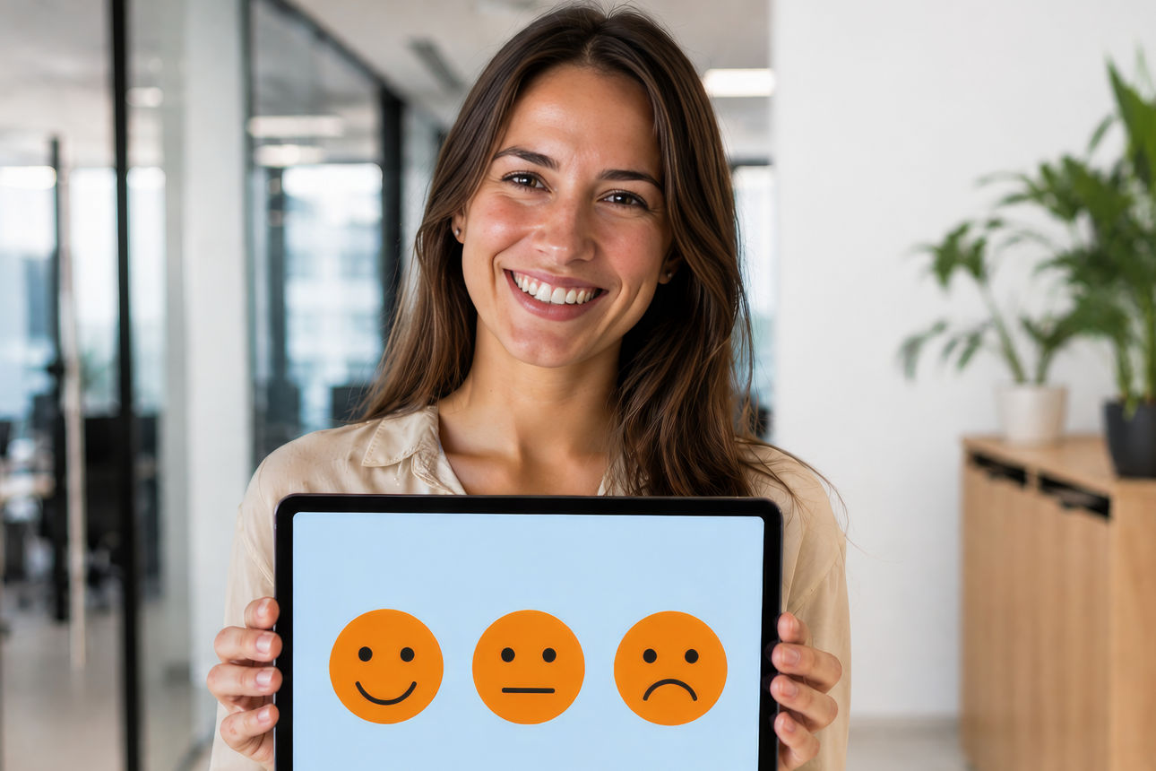 Frau schaut lächelnd in die Kamera, hält Ipad mit einem lächelnden Smiley, einem neutralen Smiley, einem traurigen Smiley 