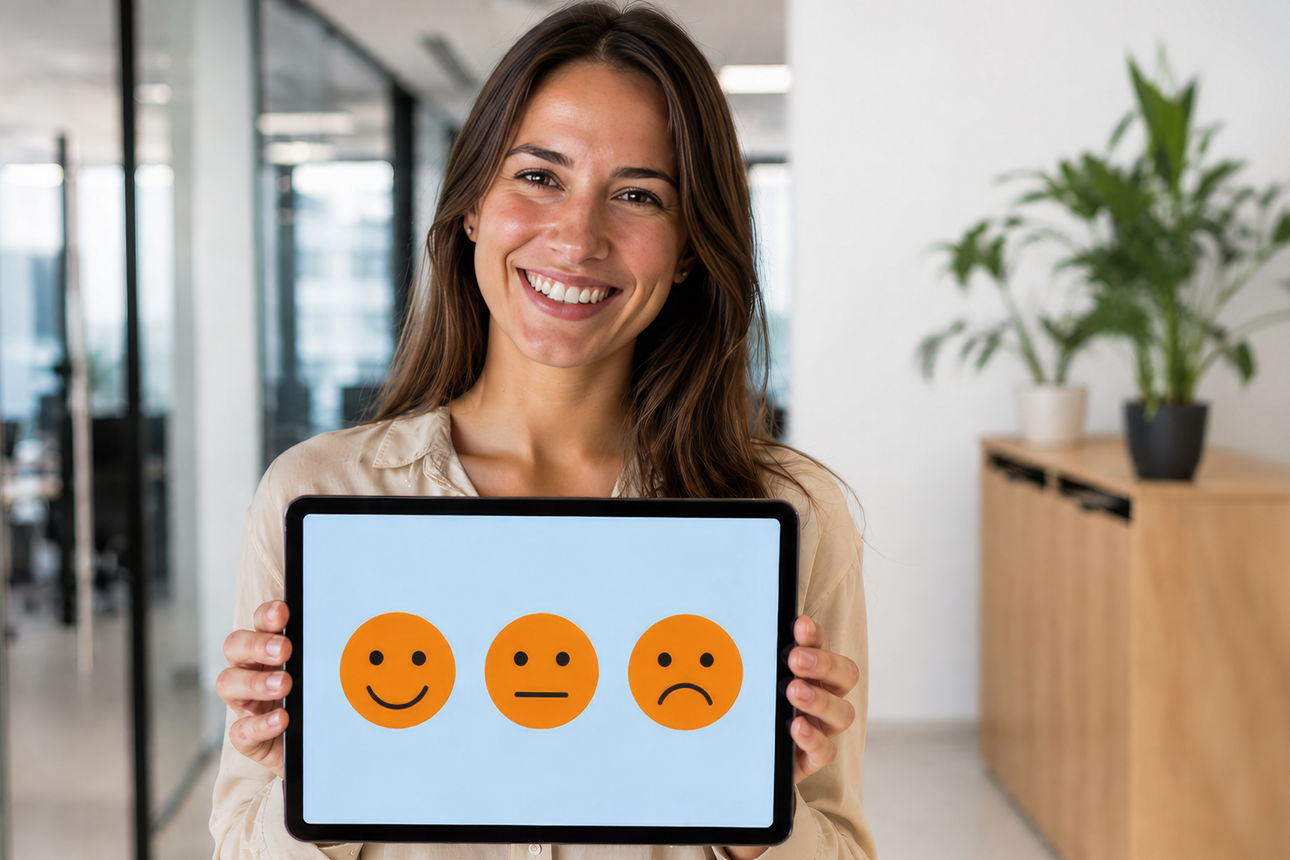Frau schaut lächelnd in die Kamera, hält Ipad mit einem lächelnden Smiley, einem neutralen Smiley, einem traurigen Smiley 