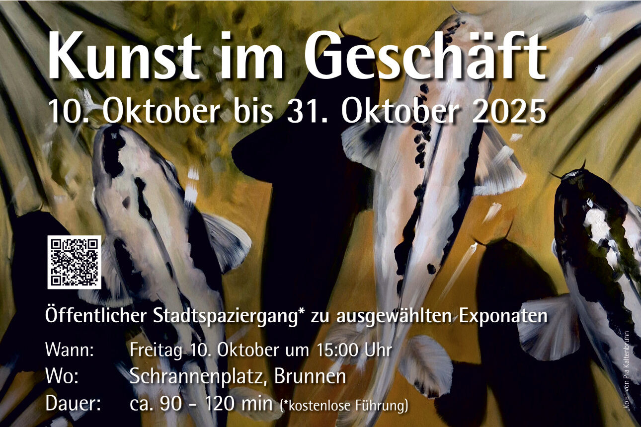 Titelbild vom Flyer Kunst im Geschäft. Gemälde mit Koikarpfen von Pia Kaltenbrunn