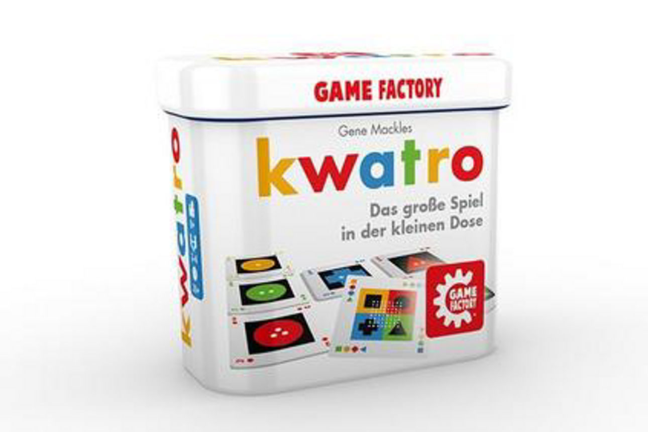 Abbildung des Spiels kwatro. Kleiner Spielekoffer mit abgebildeten Karten.