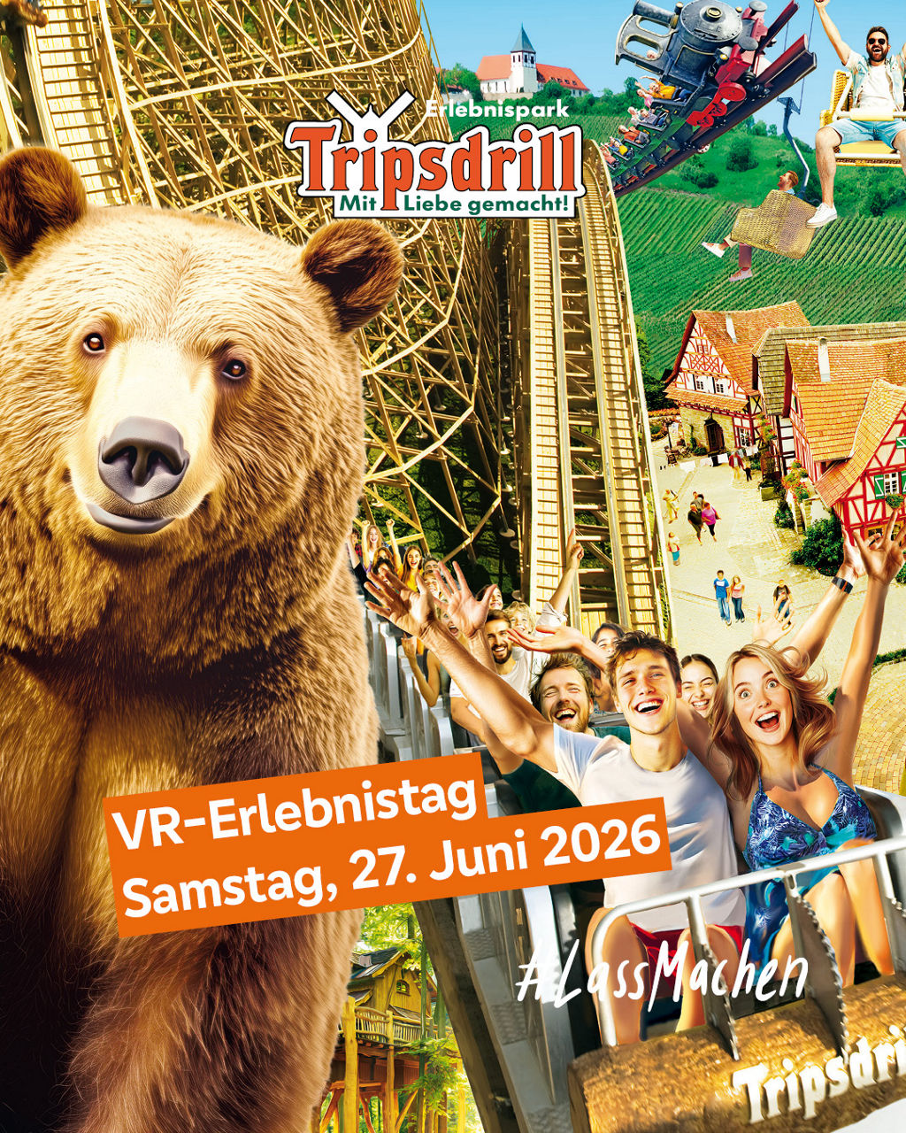 Collage aus Attraktionen des Erlebnisparks Tripsdrill inklusive Wildparadies