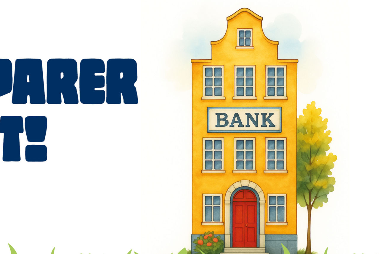 Grafik mit dem Text „Kleine Sparer aufgepasst!“ und einem gelben Bankgebäude auf Wiese.