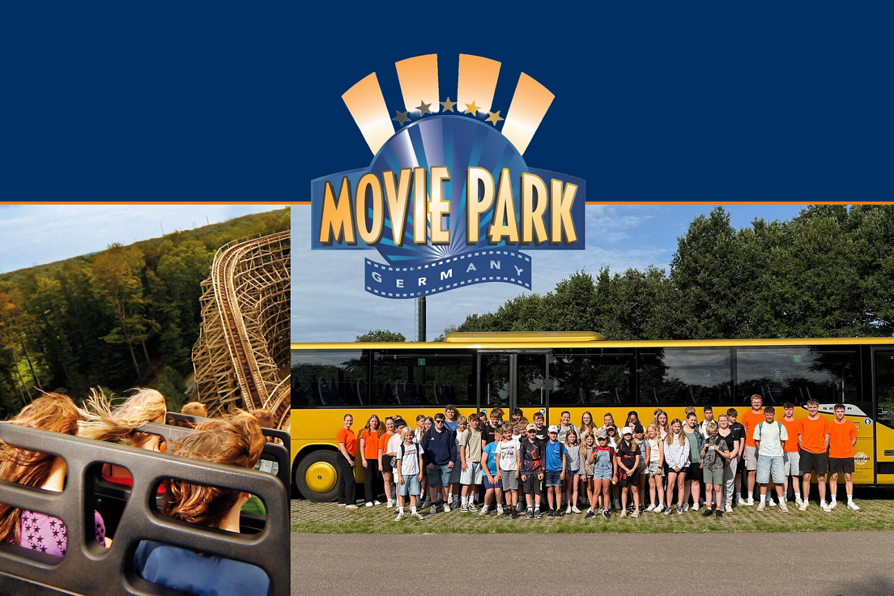 Collage mit Achterbahn und Besuchergruppe im Movie Park Germany, Ausflug in den Freizeitpark.