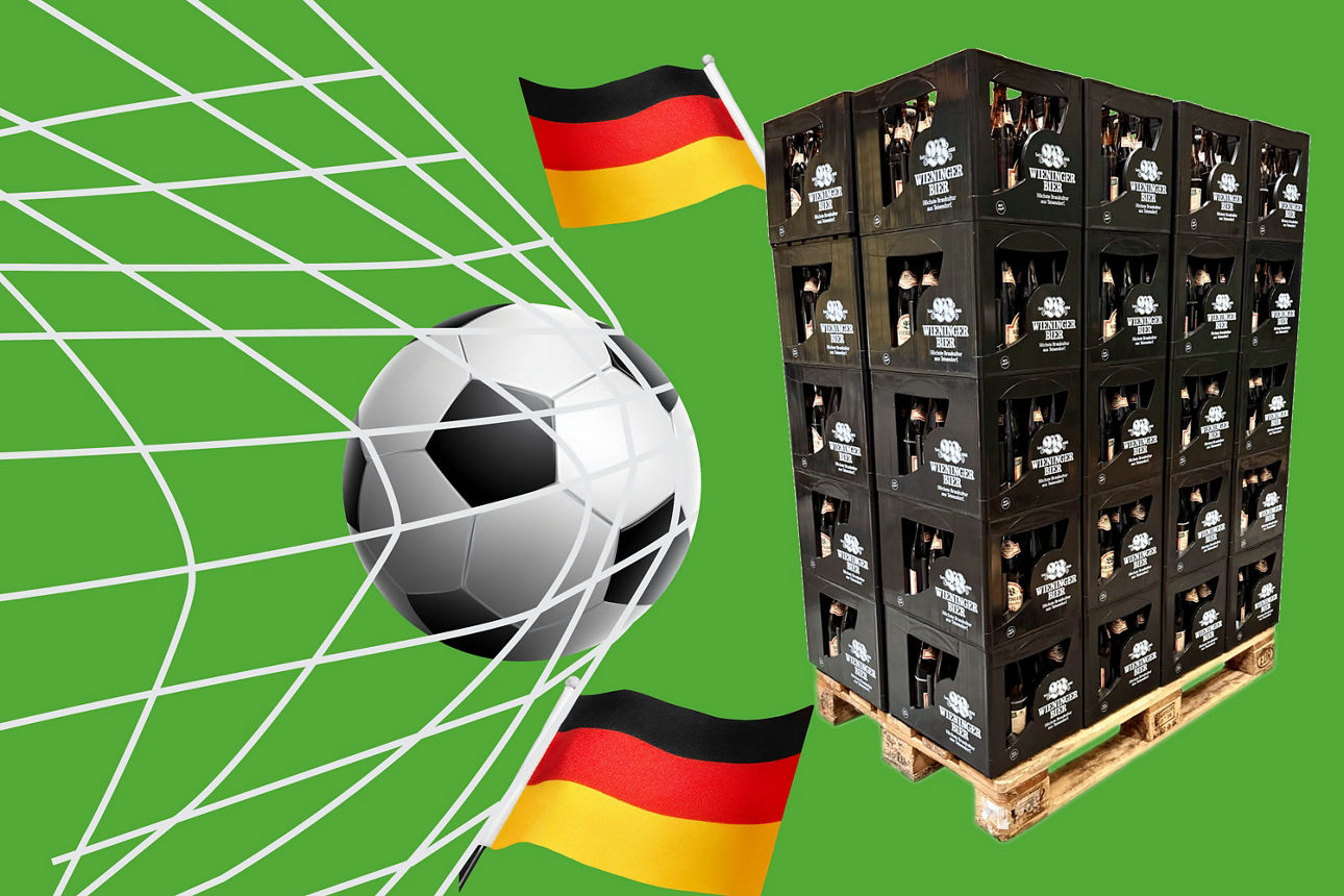 Fußballgrafik mit Tor, Deutschlandflaggen und Getränkekisten auf Palette, Symbol für Fanaktion oder Gewinnspiel.