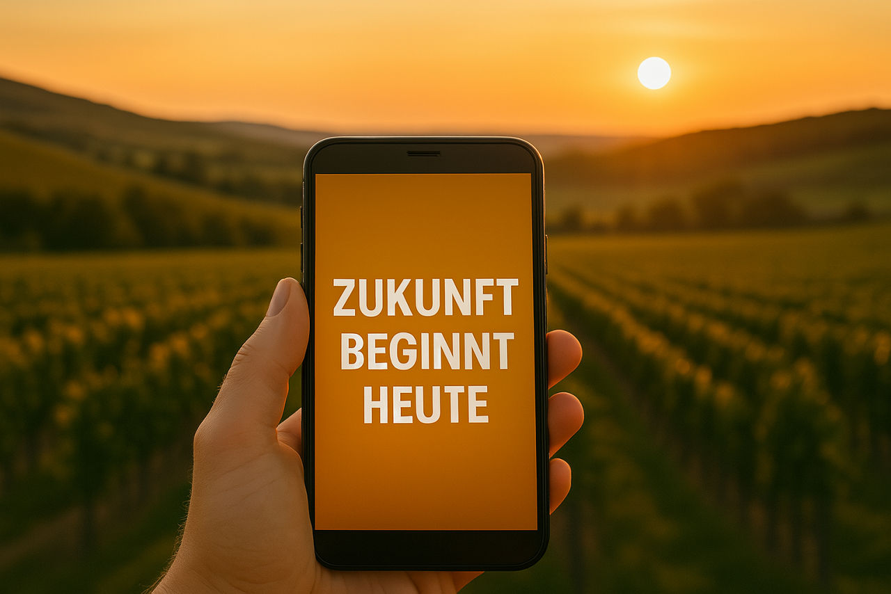 Hand hält Smartphone mit der Aufschrift „Zukunft beginnt heute“ vor Sonnenuntergang in einer Weinlandschaft.