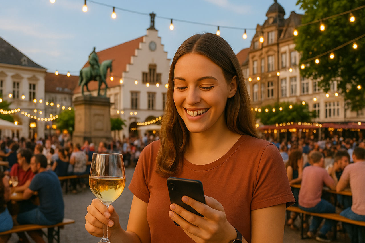 Junge Frau steht draußen auf einem Platz in der Stadt, lächelt und schaut auf ihr Smartphone. Menschen im Hintergrund.