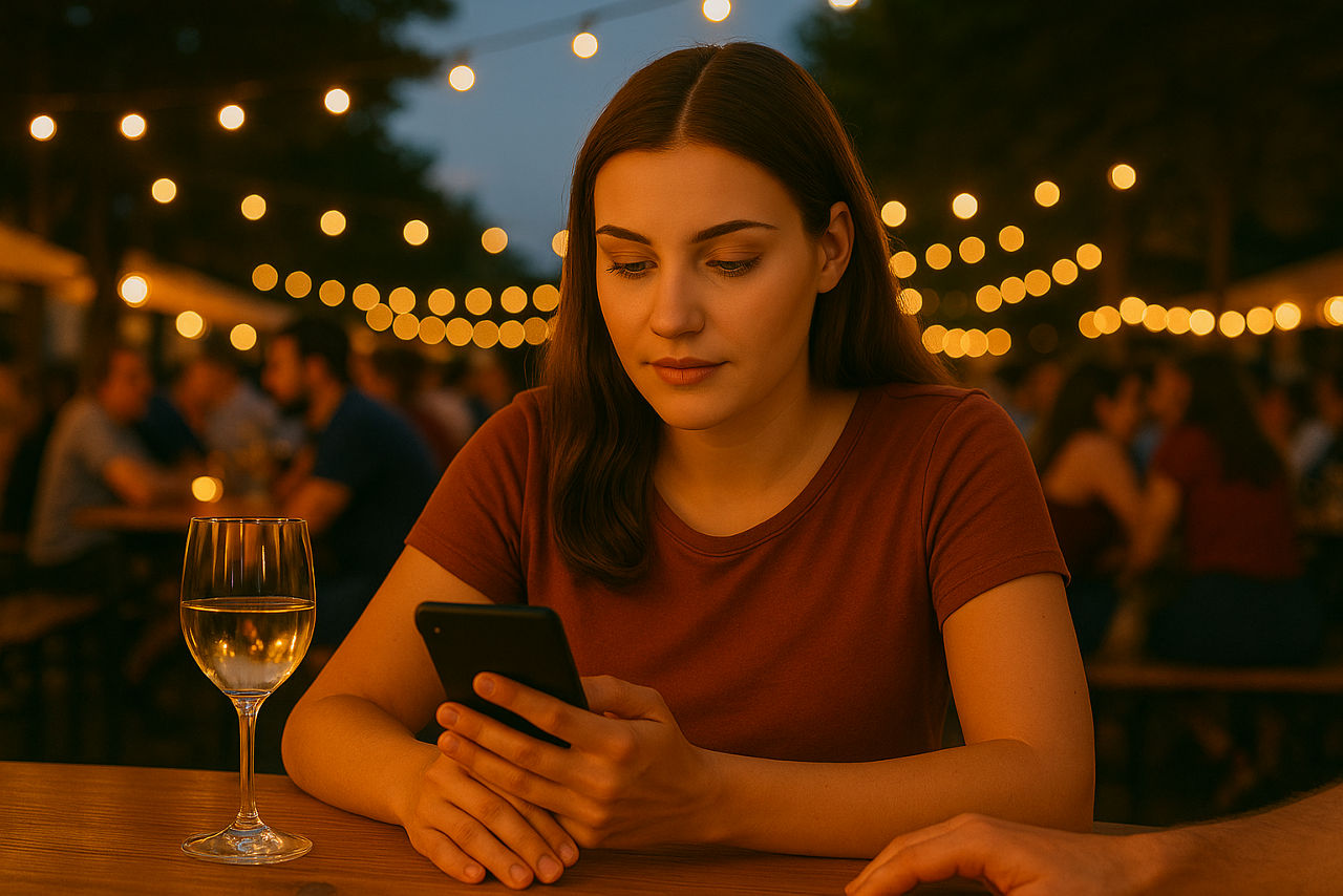 Junge Frau schaut draußen bei Nacht auf ihr Smartphone, ein Glas Wein steht vor ihr, Lichter im Hintergrund.