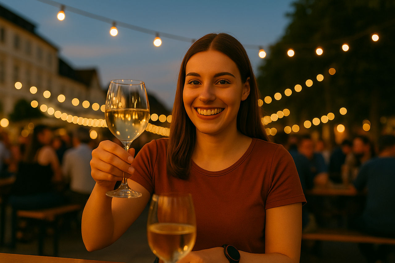 Junge Frau sitzt abends draußen an einem Tisch mit einem Glas Wein in der Hand, Lichterketten im Hintergrund.