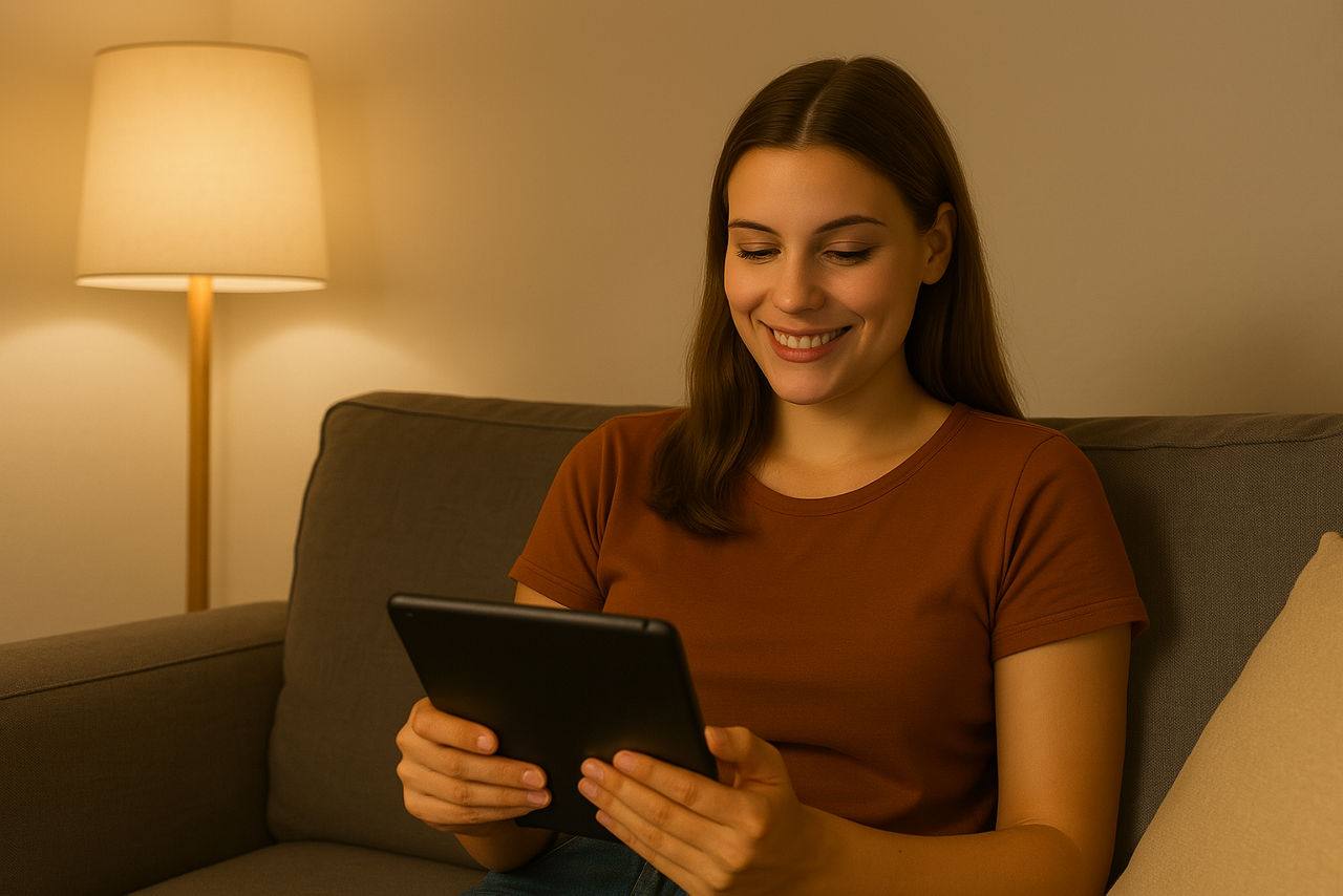 Junge Frau sitzt in einem Wohnzimmer und hält ein Tablet, eine Lampe leuchtet im Hintergrund.