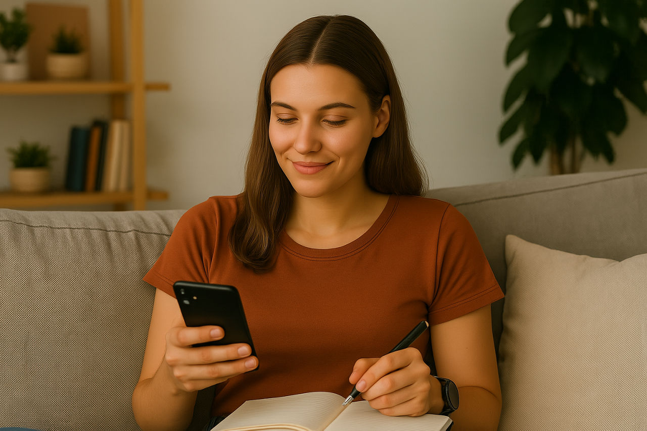 Junge Frau sitzt auf einem Sofa, hält ein Smartphone in der Hand und schreibt in ein Notizbuch.