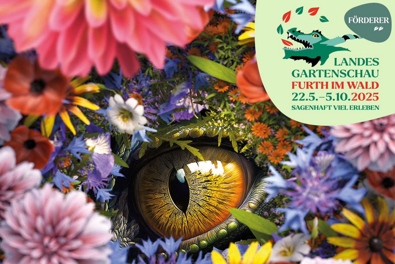 Drachenauge hinter Blumen mit Logo Landesgartenschau