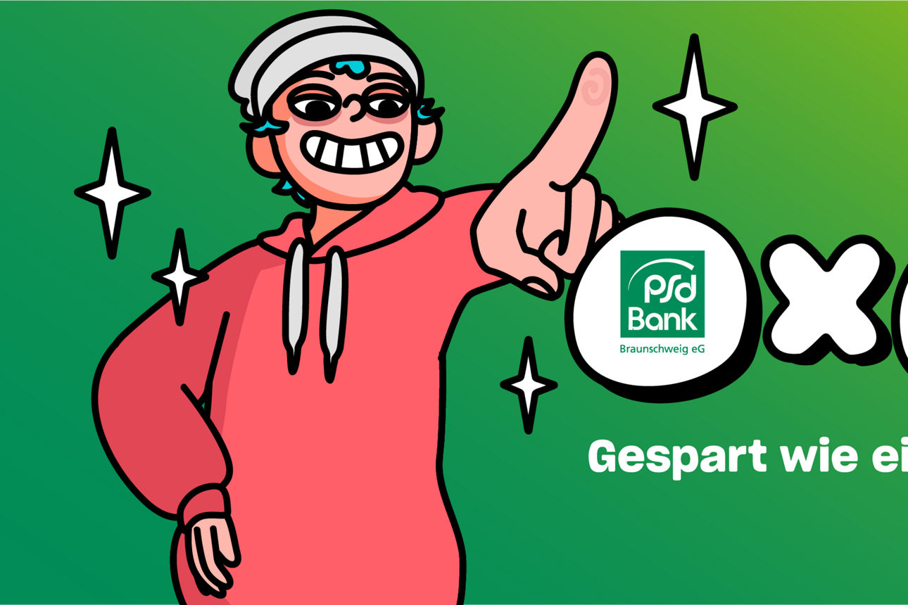 Comic-Figur eines Mannes, der auf die Logos von PSD Bank Braunschweig und Finstep zeigt mit dem Slogan "Gespart wie ein Löwe"