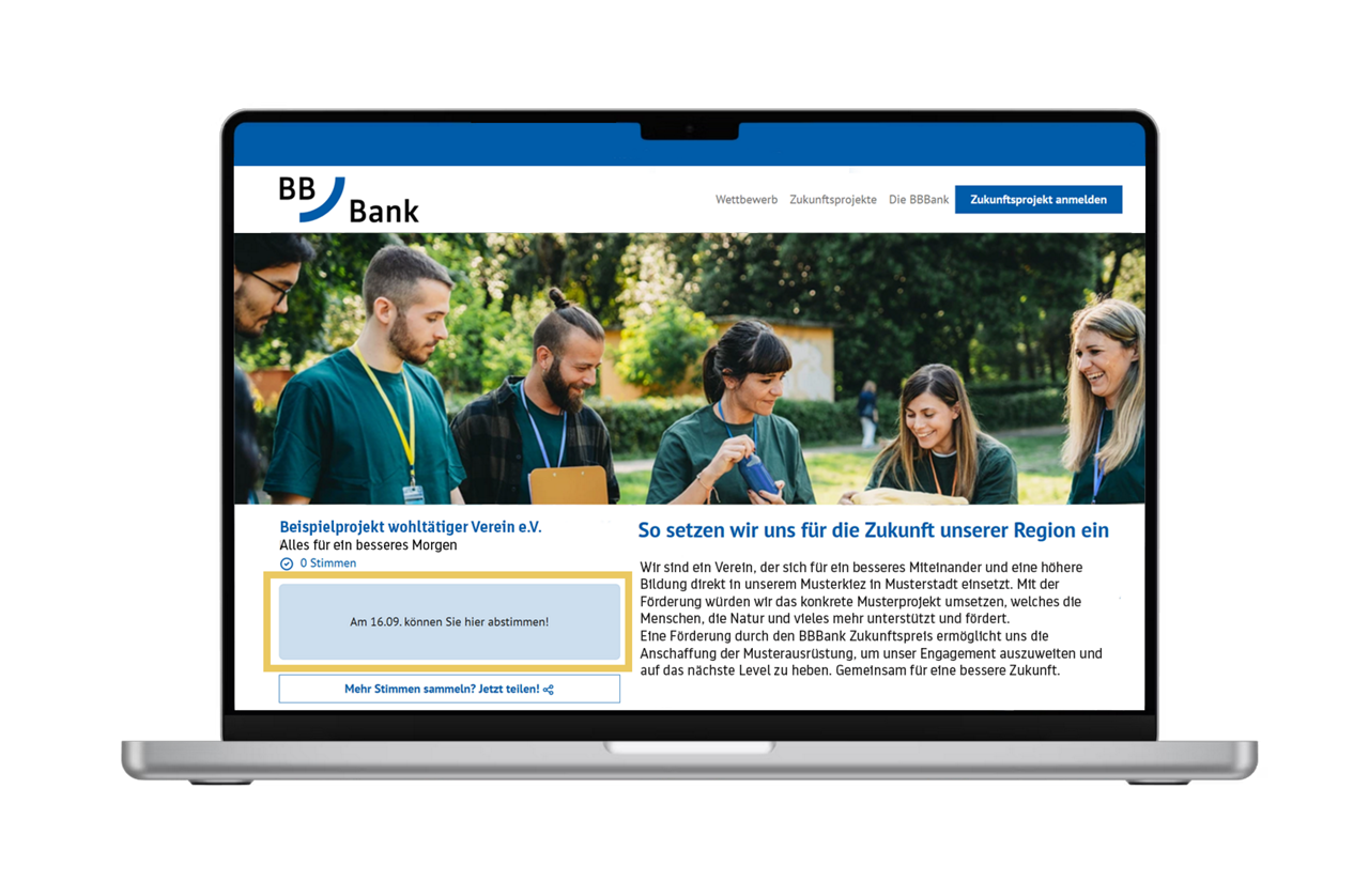 Laptopbildschirm zeigt Website des BBBank Zukunftspreises