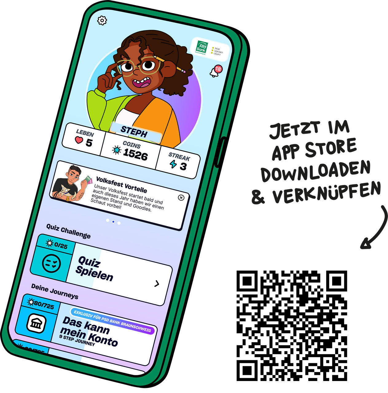 Ausschnitt der Finstep App auf einem Smartphone inkl. QR-Code zum Download der App