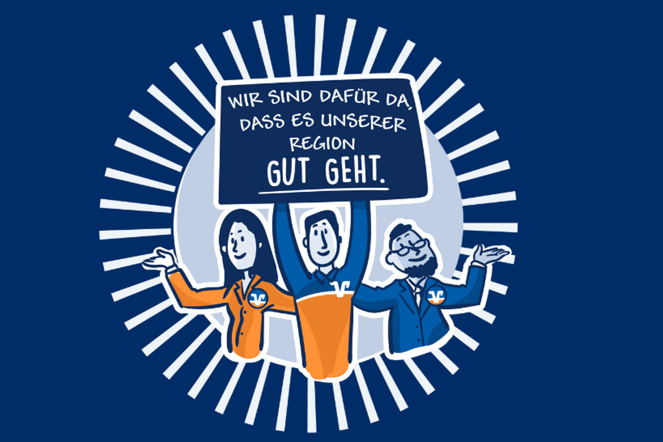 Drei Personen, die gemeinsam ein Schild mit der Botschaft „Wir sind dafür da, dass es unserer Region gut geht“.
