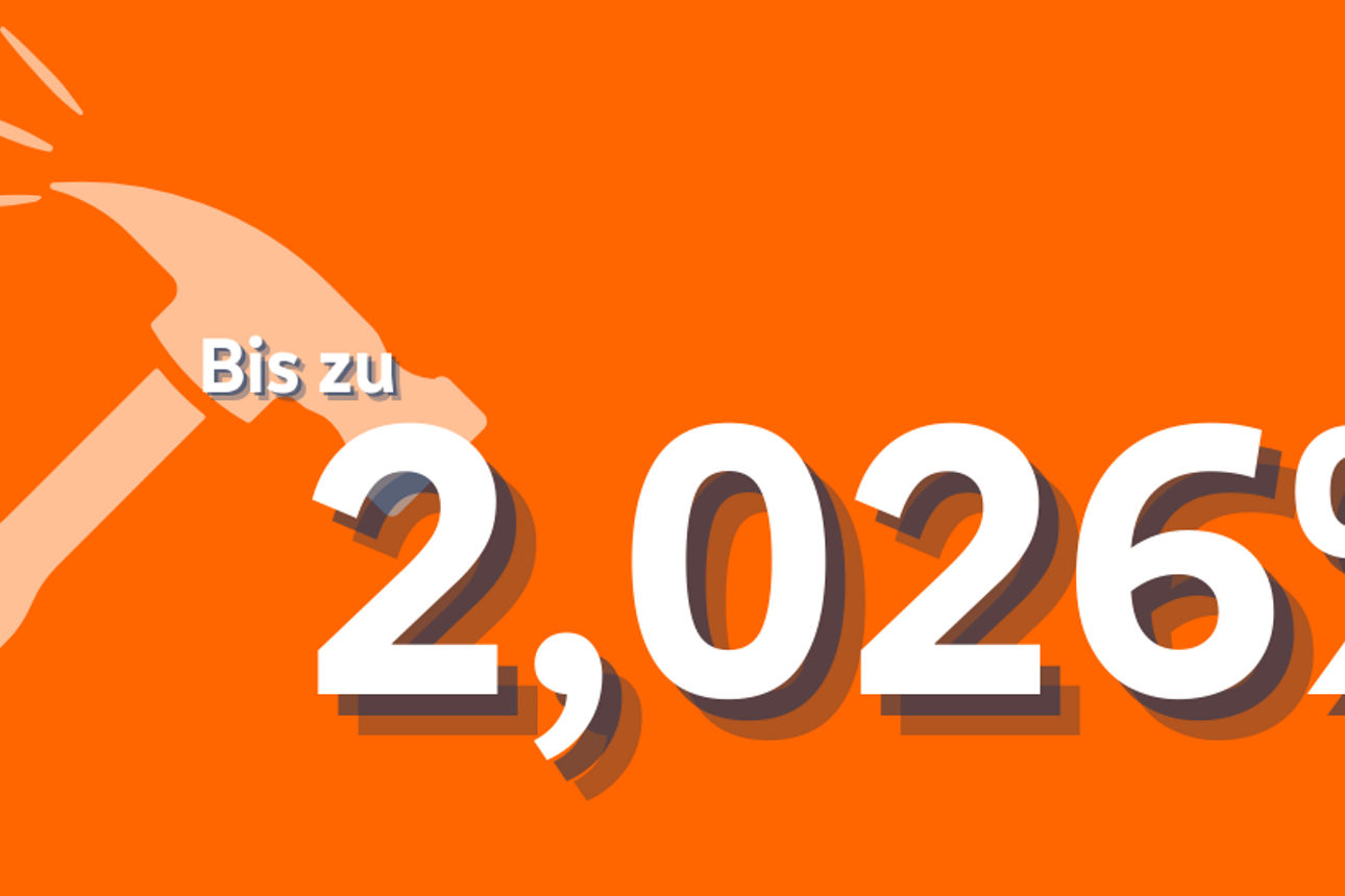 Eine grafische, orangefarbene Werbegrafik mit einem stilisierten Hammer und dem hervorgehobenen Text „Bis zu 2,026 % p.a.“.