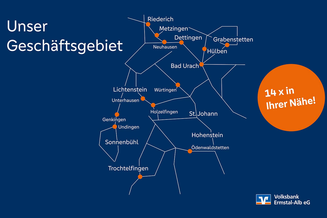 Landkarte mit dem Geschäftsgebiet der Volksbank Ermstal Alb