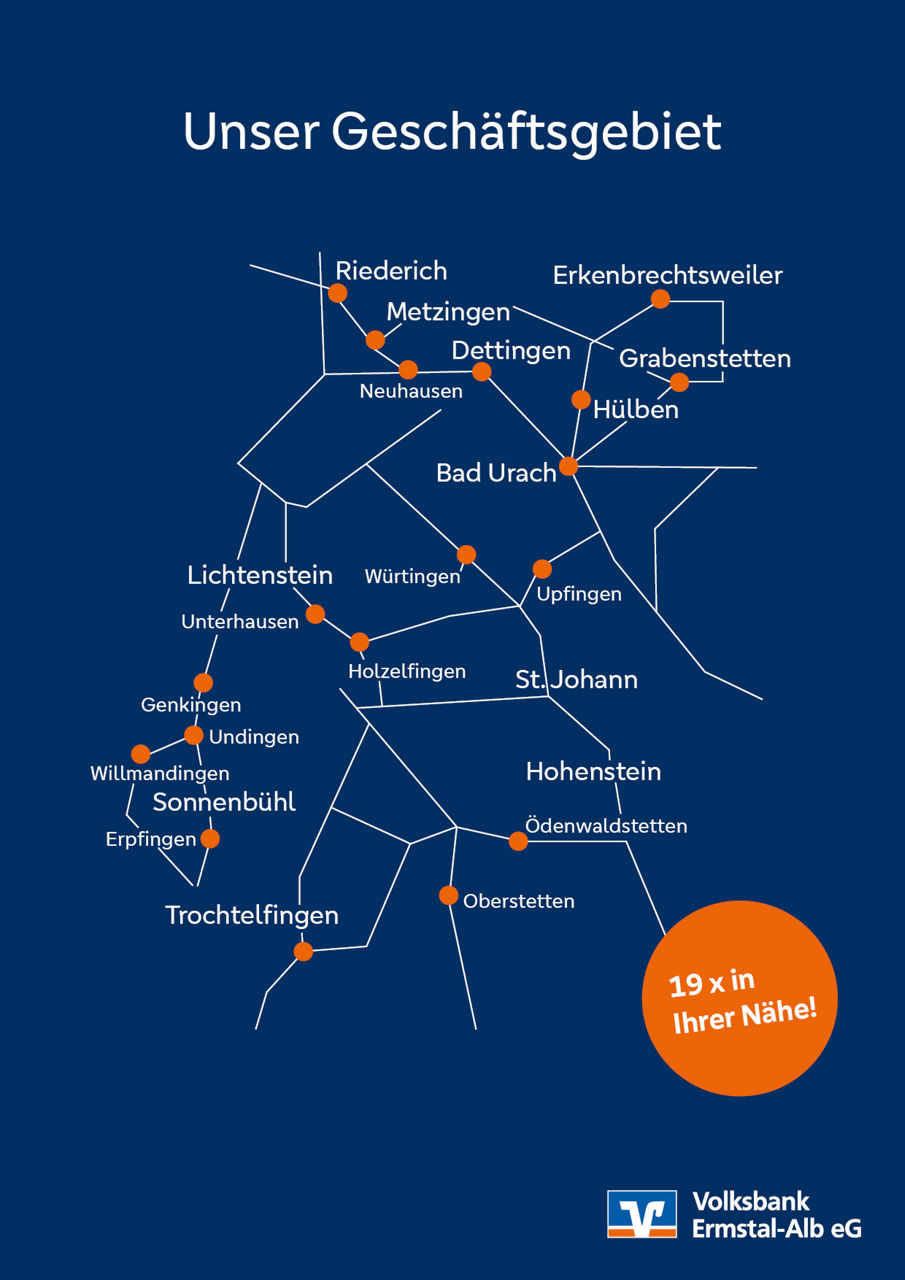 Landkarte mit dem Geschäftsgebiet der Volksbank Ermstal Alb