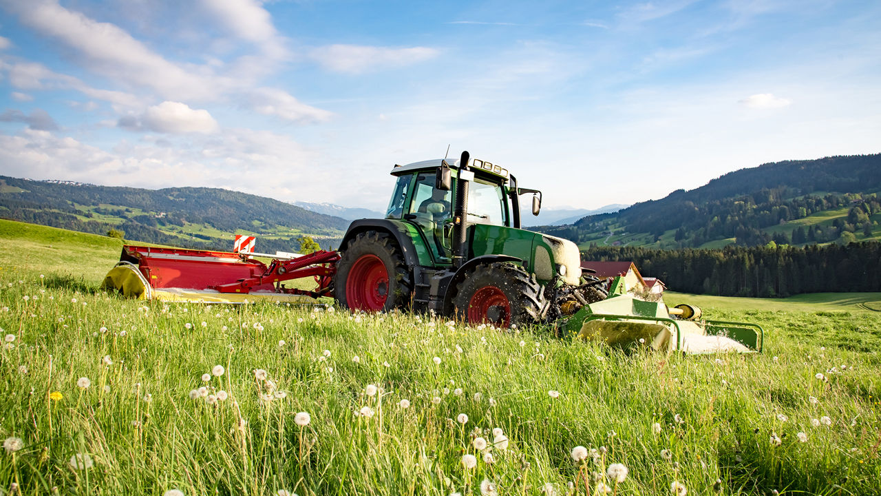 ein Traktor mäht Gras auf einer Wiese