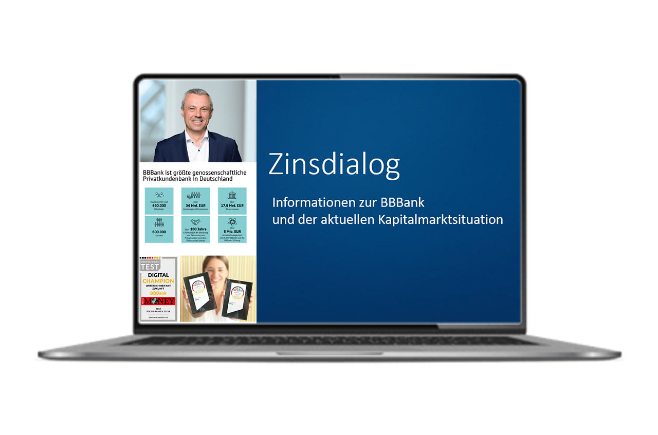 Laptop auf dem Screen vom Zinsdialog zu sehen ist
