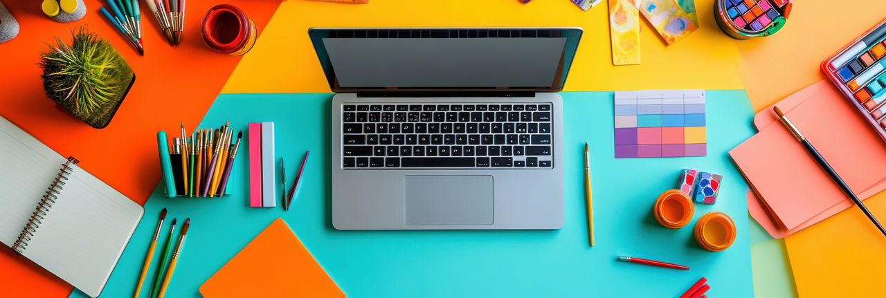 Ein lebendiger Arbeitsbereich bietet einen Laptop, umgeben von farbenfrohen Schreibwaren, Künstlerbedarf und Kreativwerkzeugen auf einem lebendigen Schreibtisch. Ki-generiert.