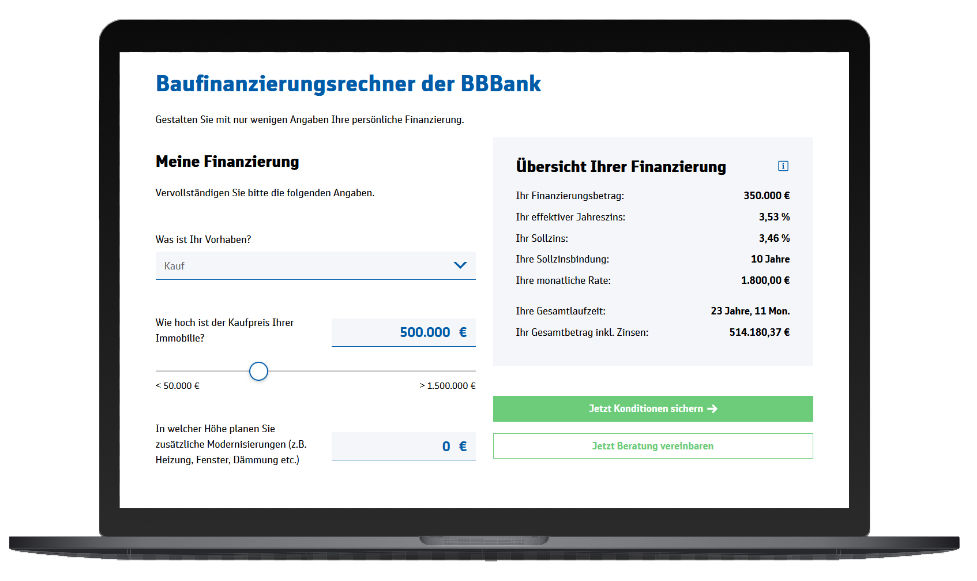 Screenansicht Immoportal Ansicht Baufinanzierungsrechner