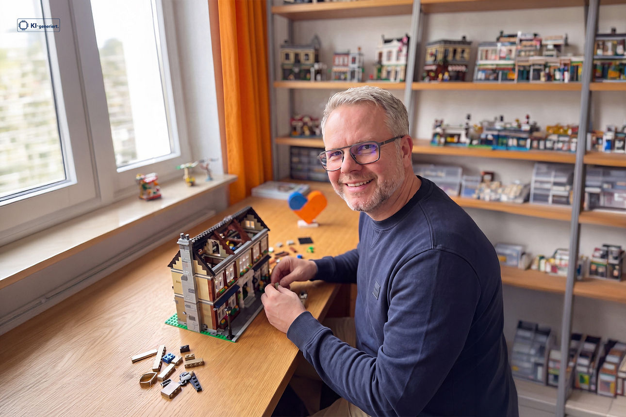 Ein Mann an einem Tisch baut mit Lego