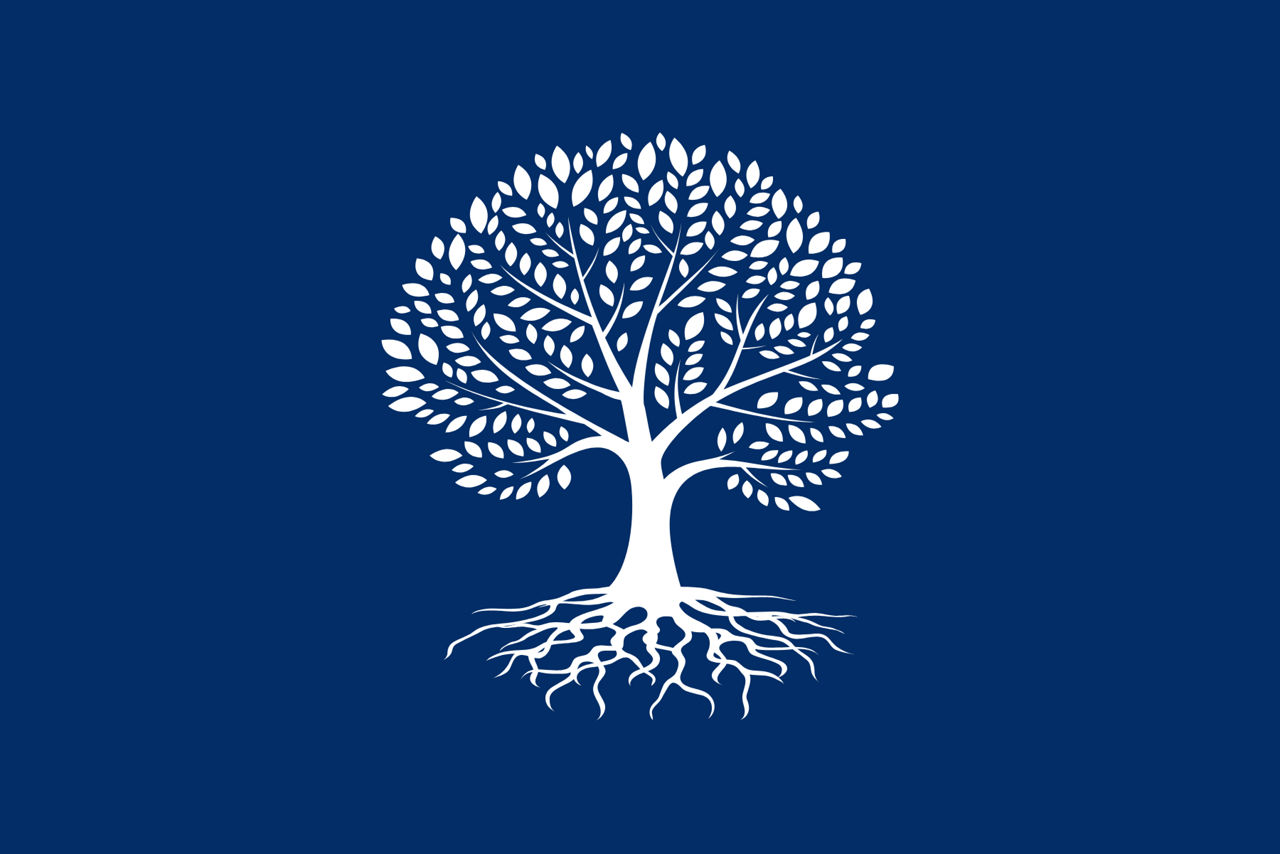 Ein großer Baum mit Blätter und Wurzeln auf blauem Hintergrund