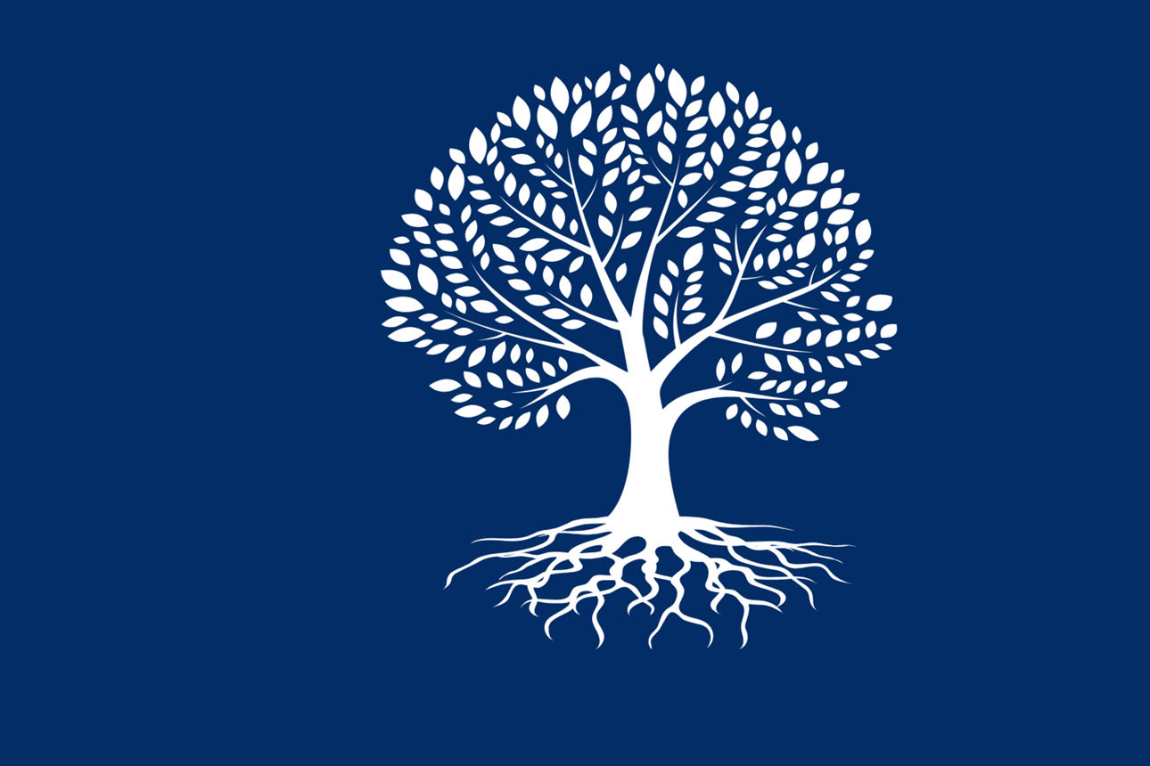 Ein großer Baum mit Blätter und Wurzeln auf blauem Hintergrund