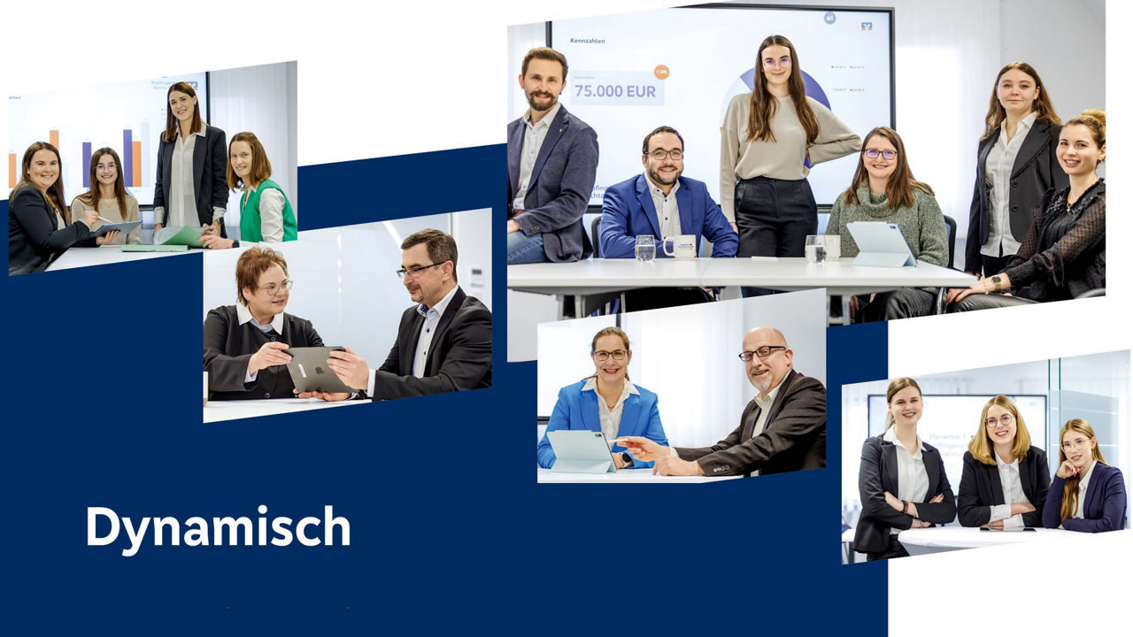Collage aus fünf Bildern mit dem Schriftzug „Dynamisch”, auf den Bilder sind jeweils Gruppenbilder von Menschen zu sehen